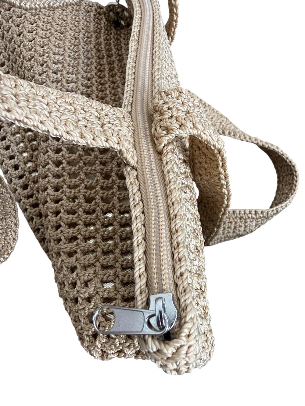 The Sak Crochet Tote Bag Beige Tan Metallic Lined Boho Shoulder Handbag - Picture 7 of 13